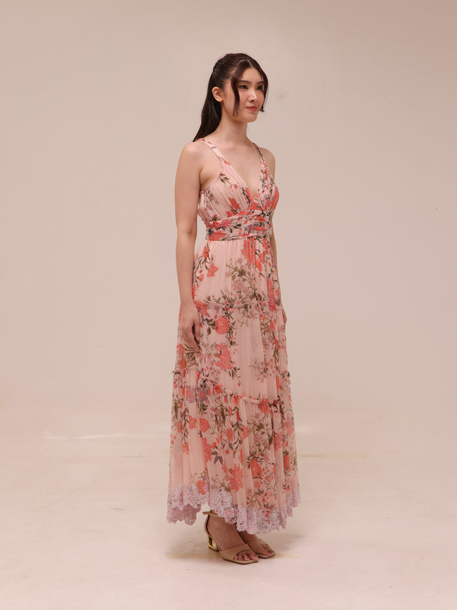 Pink Tiered Ruffle Floral Maxi Dress