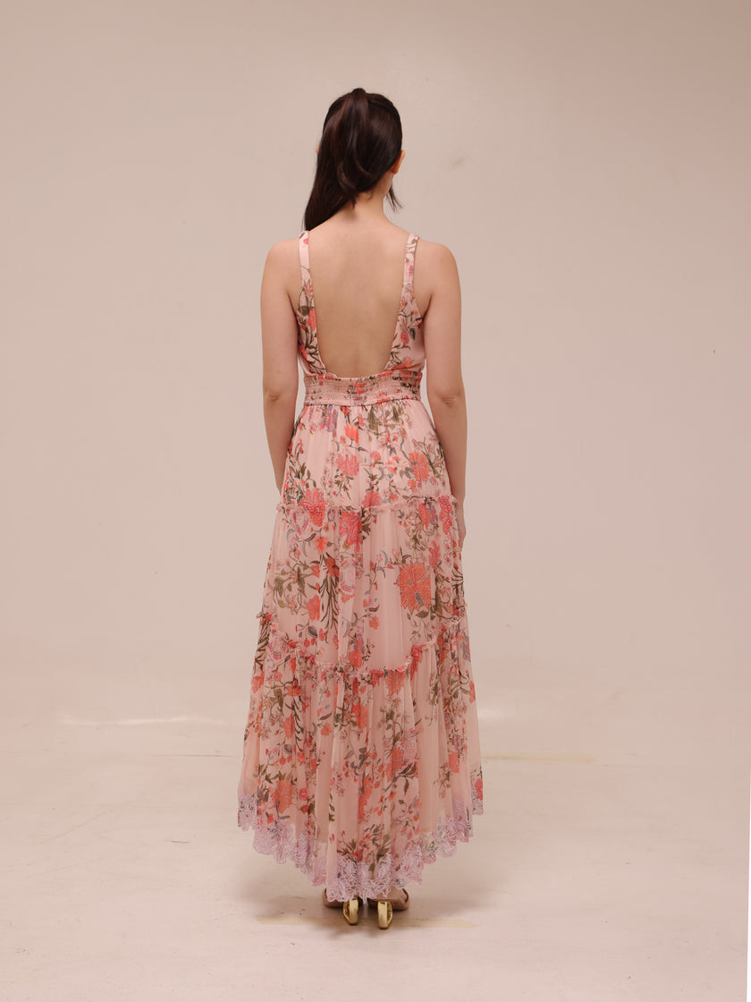 Pink Tiered Ruffle Floral Maxi Dress