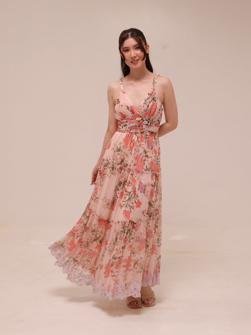 Pink Tiered Ruffle Floral Maxi Dress
