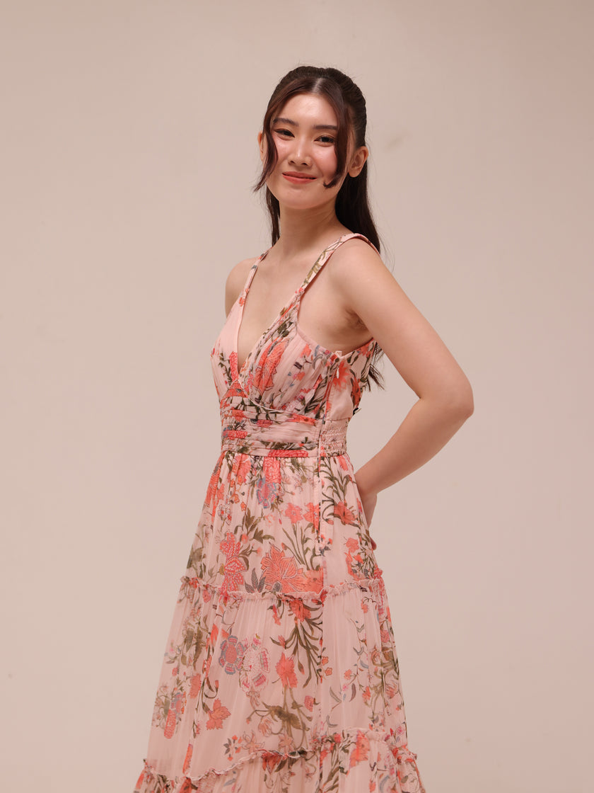 Pink Tiered Ruffle Floral Maxi Dress