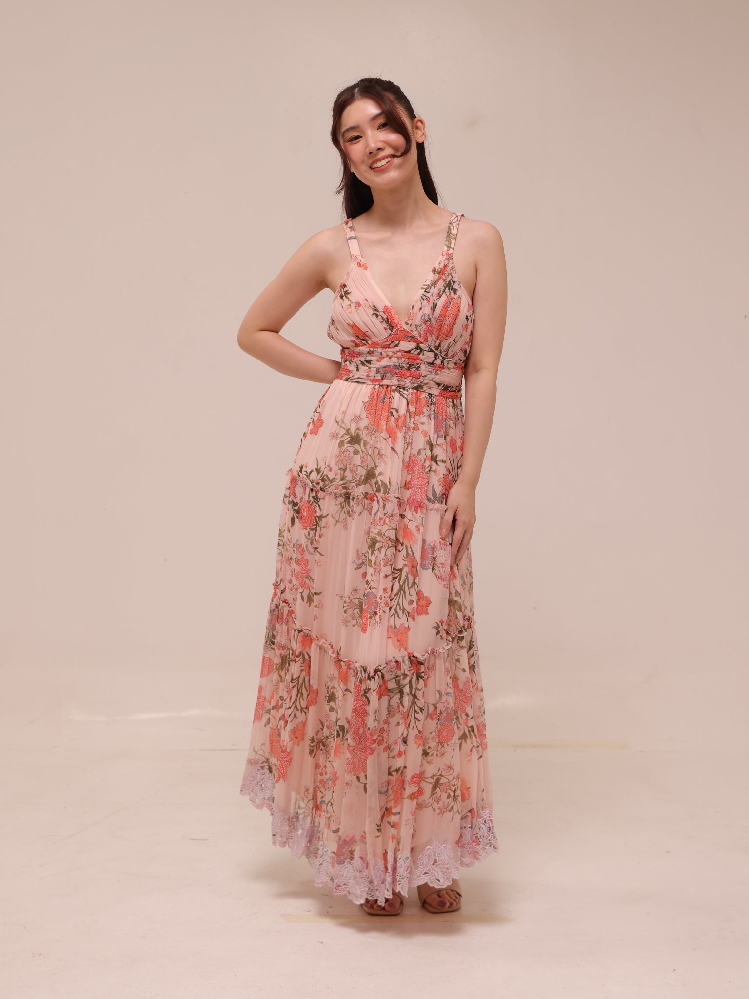 Pink Tiered Ruffle Floral Maxi Dress