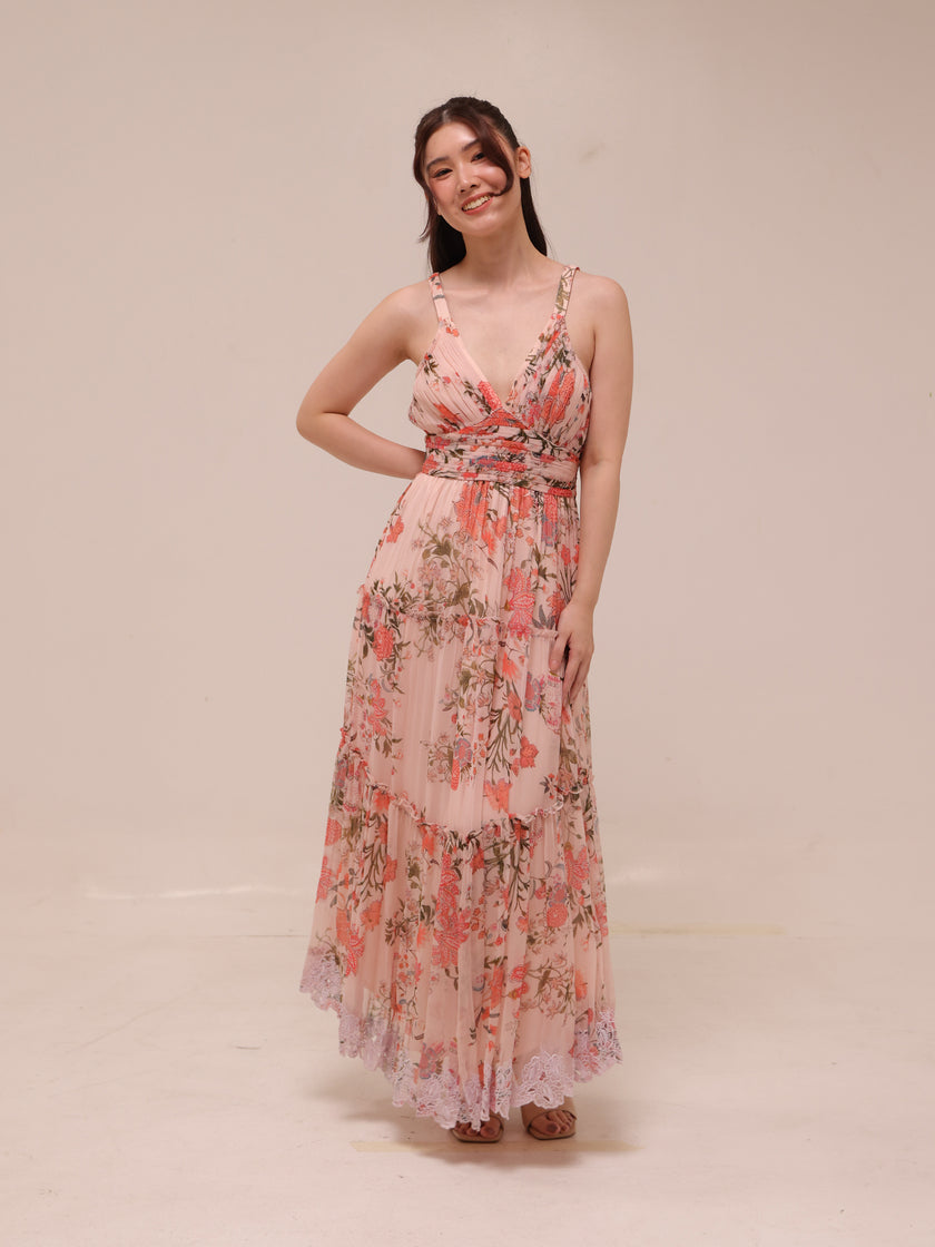 Pink Tiered Ruffle Floral Maxi Dress