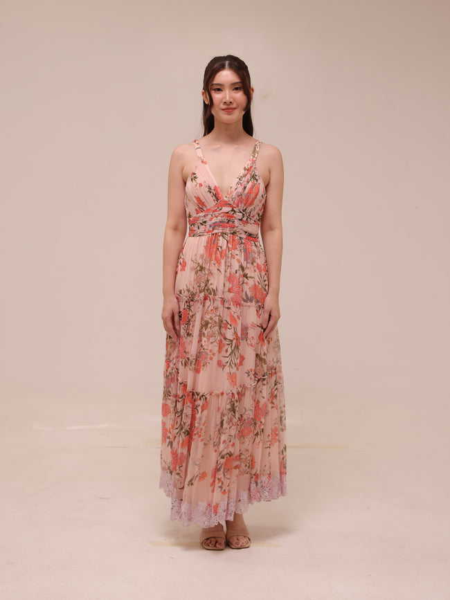 Pink Tiered Ruffle Floral Maxi Dress