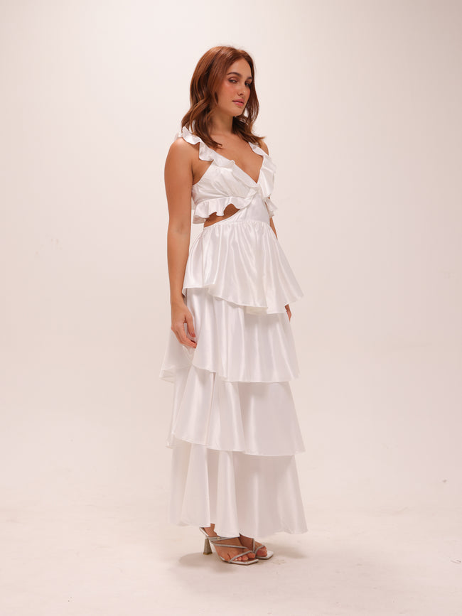 Catalina Tiered Ruffle Cut-Out Maxi Dress White