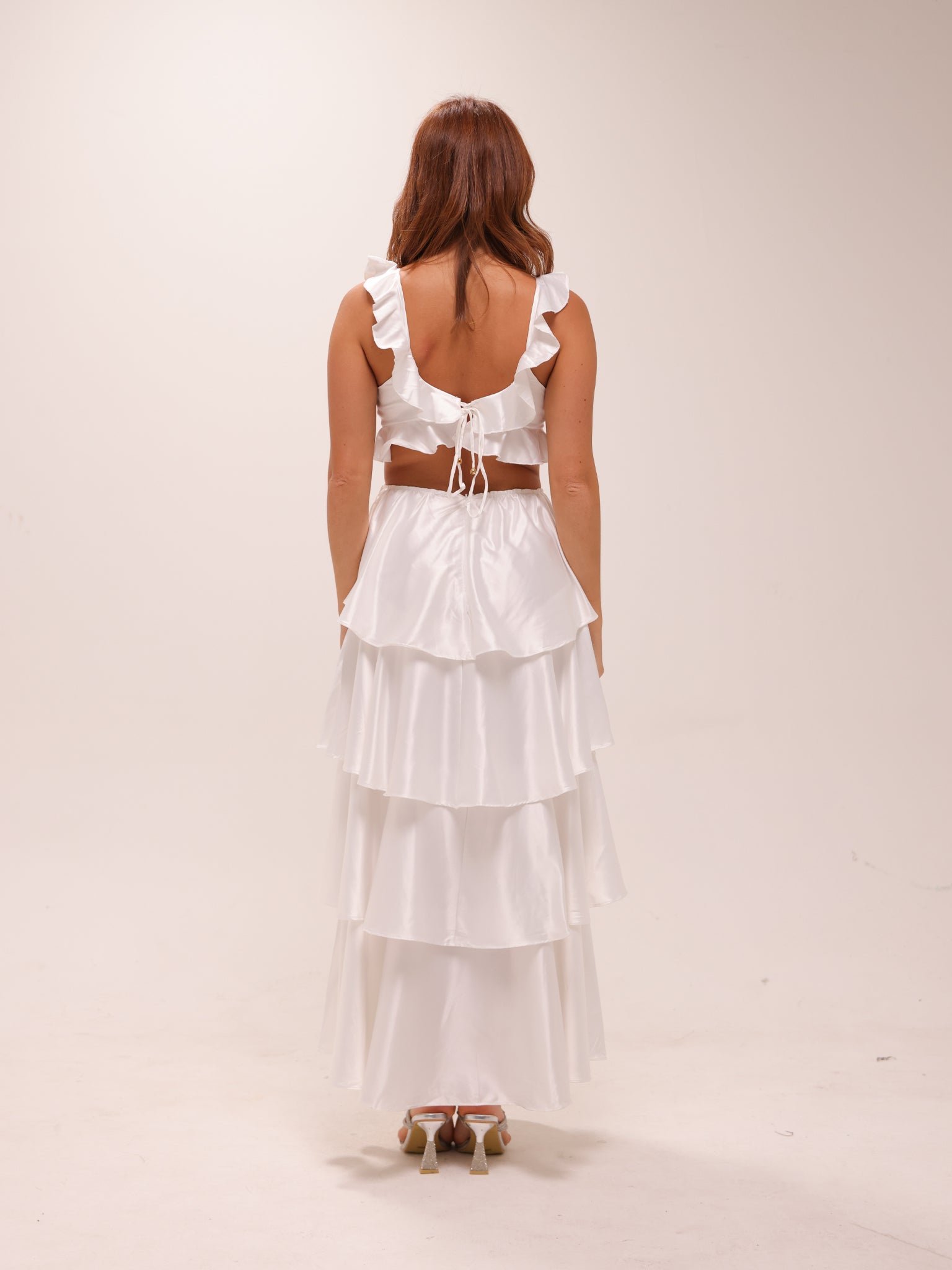 Catalina Tiered Ruffle Cut-Out Maxi Dress White