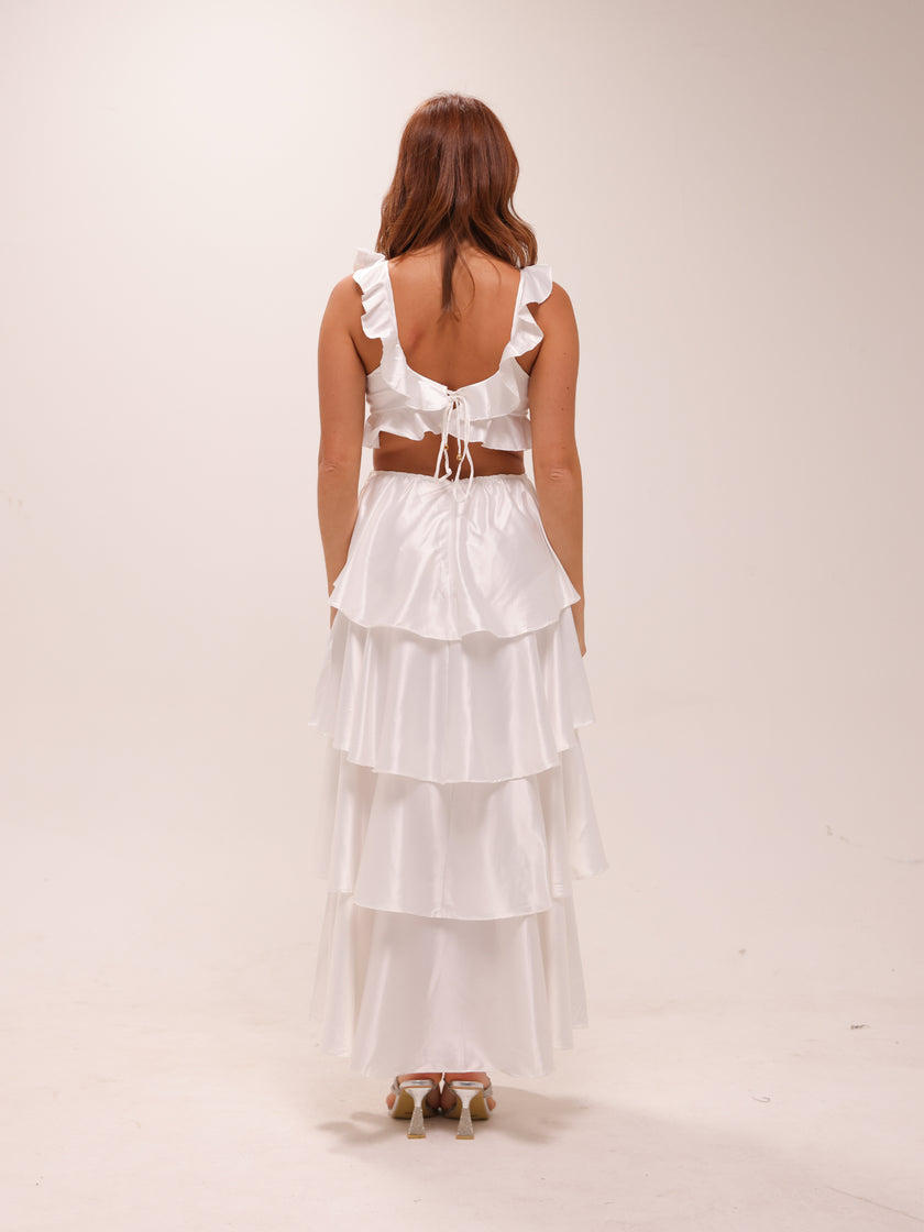 Catalina Tiered Ruffle Cut-Out Maxi Dress White