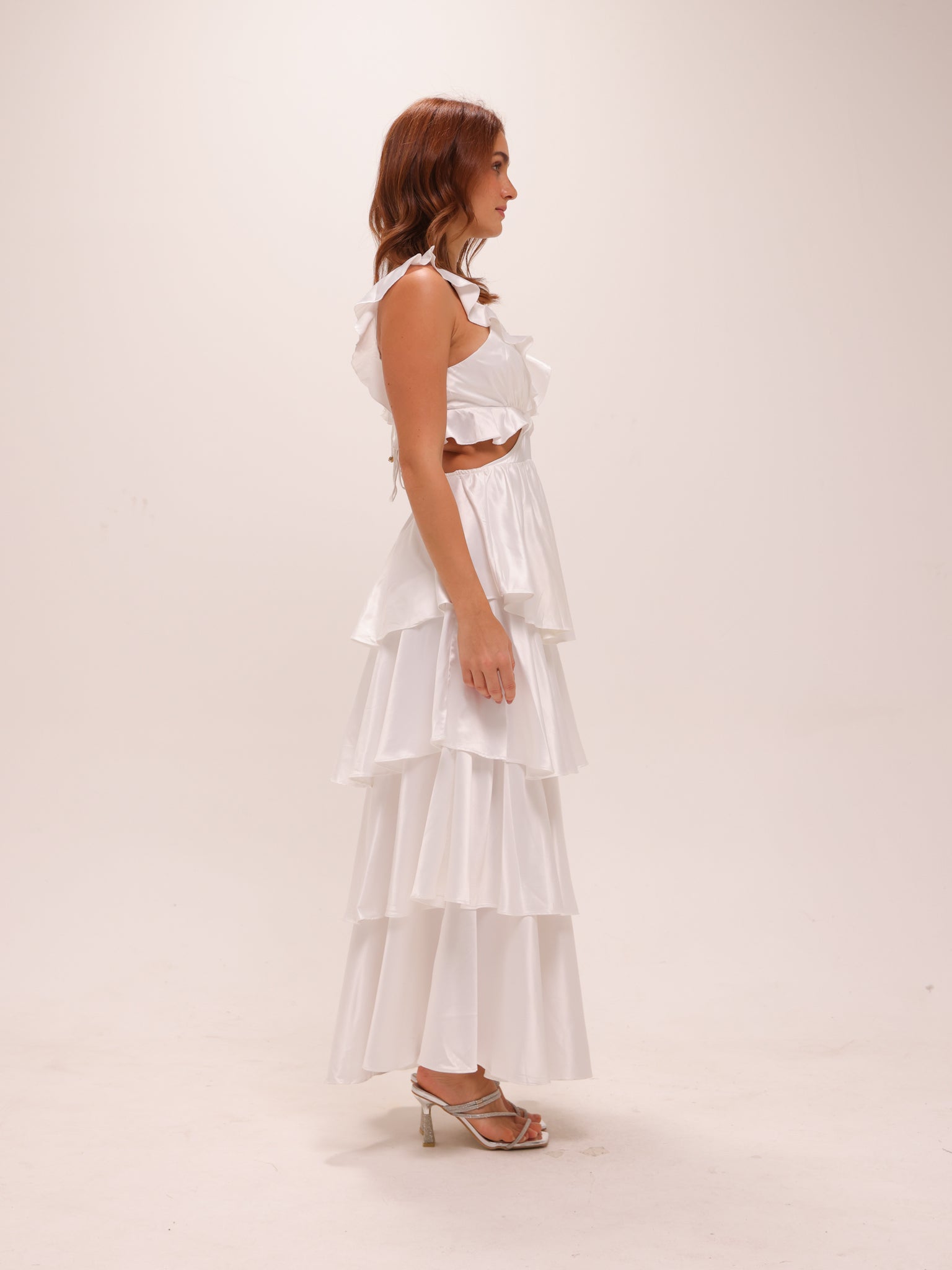 Catalina Tiered Ruffle Cut-Out Maxi Dress White