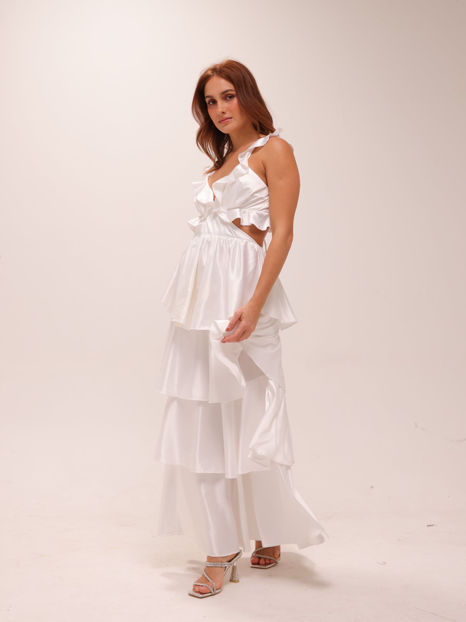 Catalina Tiered Ruffle Cut-Out Maxi Dress White