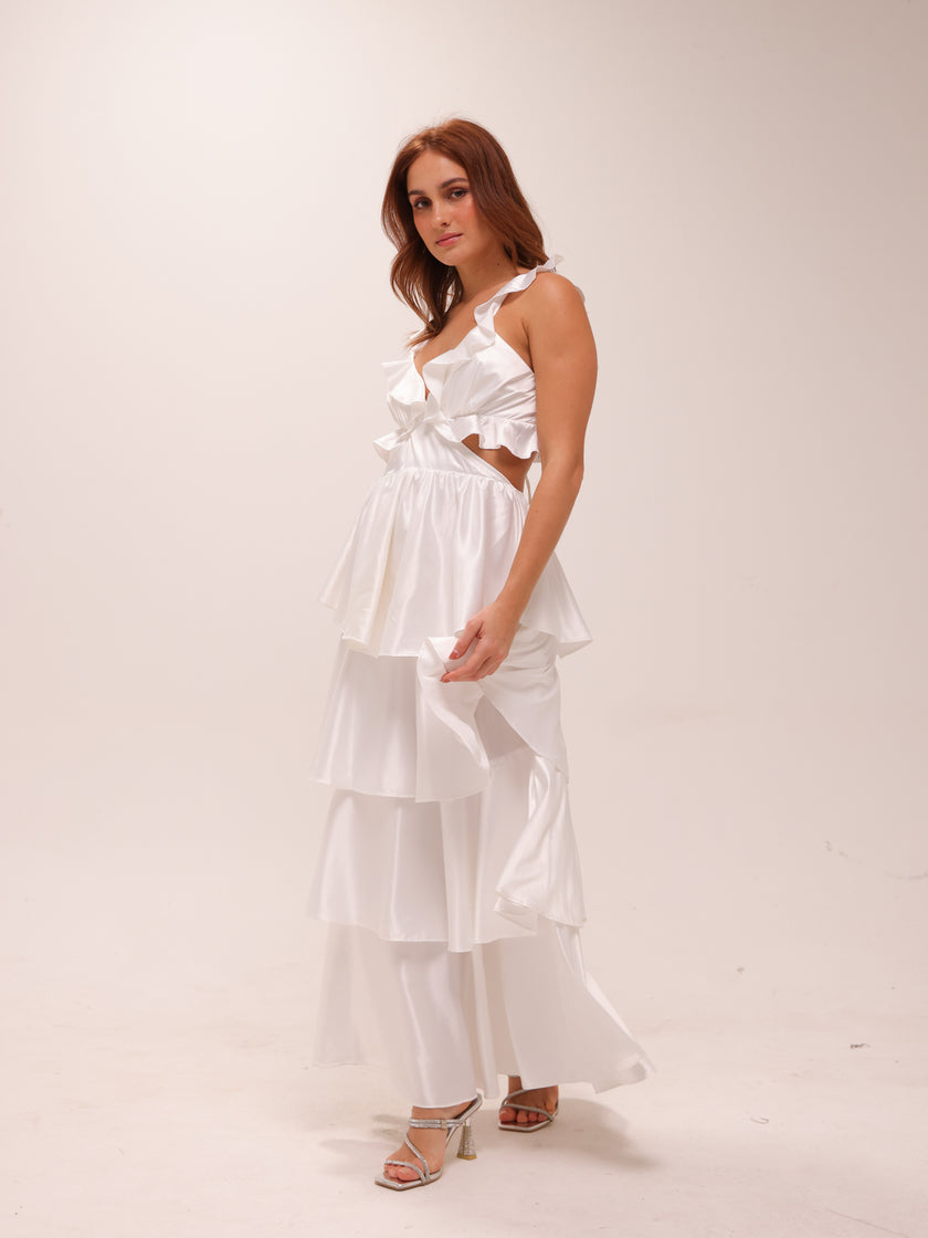 Catalina Tiered Ruffle Cut-Out Maxi Dress White