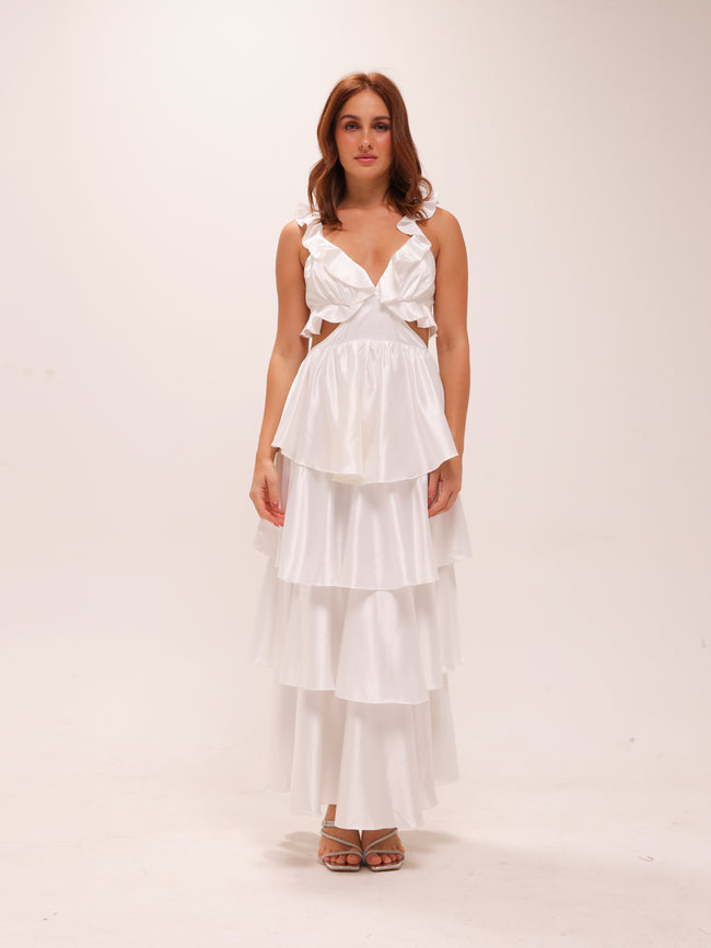 Catalina Tiered Ruffle Cut-Out Maxi Dress White