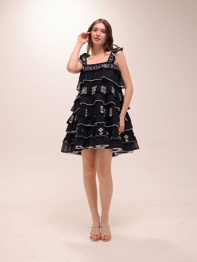 Black Cross-Stitch Layer Mini Dress