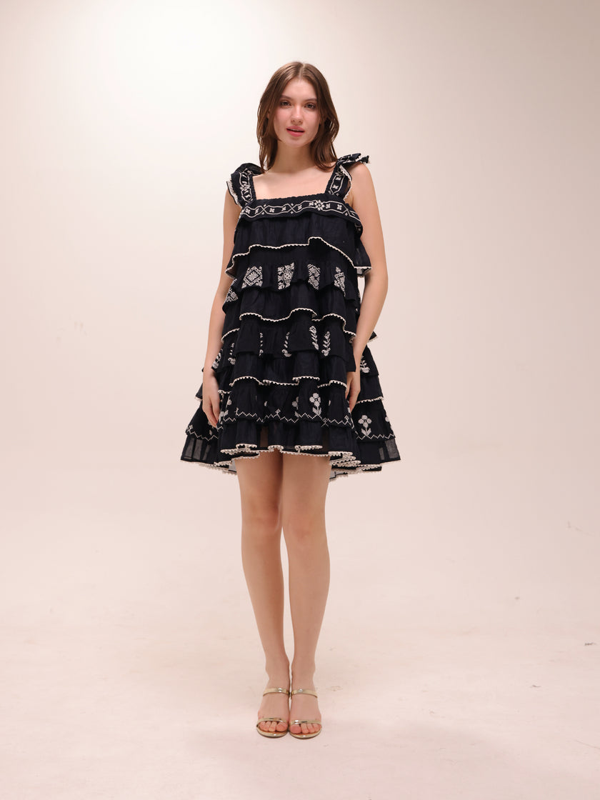 Black Cross-Stitch Layer Mini Dress