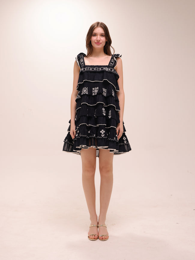 Black Cross-Stitch Layer Mini Dress