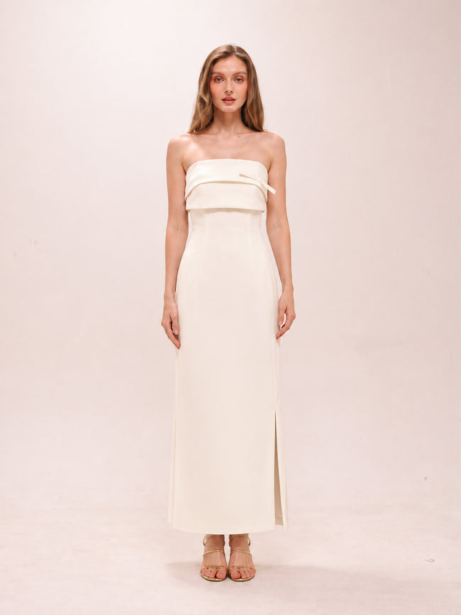 Brielle Midi Dress with Bow In White Cream