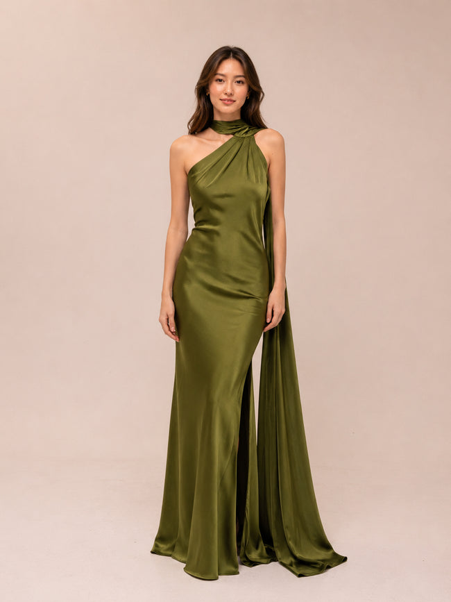 Long Olive Green Dress With Cape