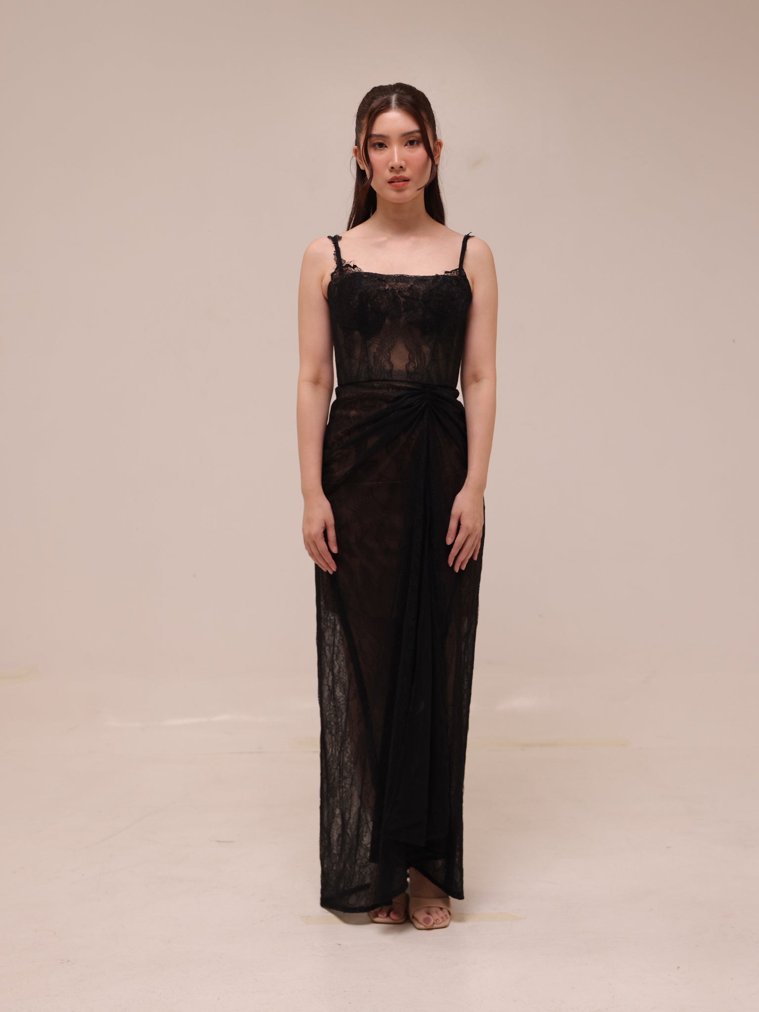 Sheer Lace Draped Maxi Dress