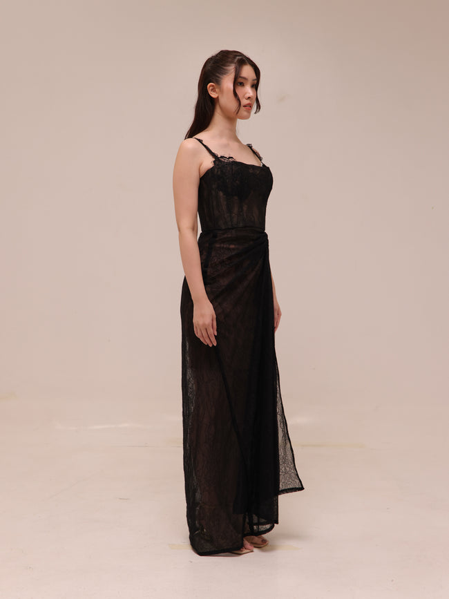 Sheer Lace Draped Maxi Dress