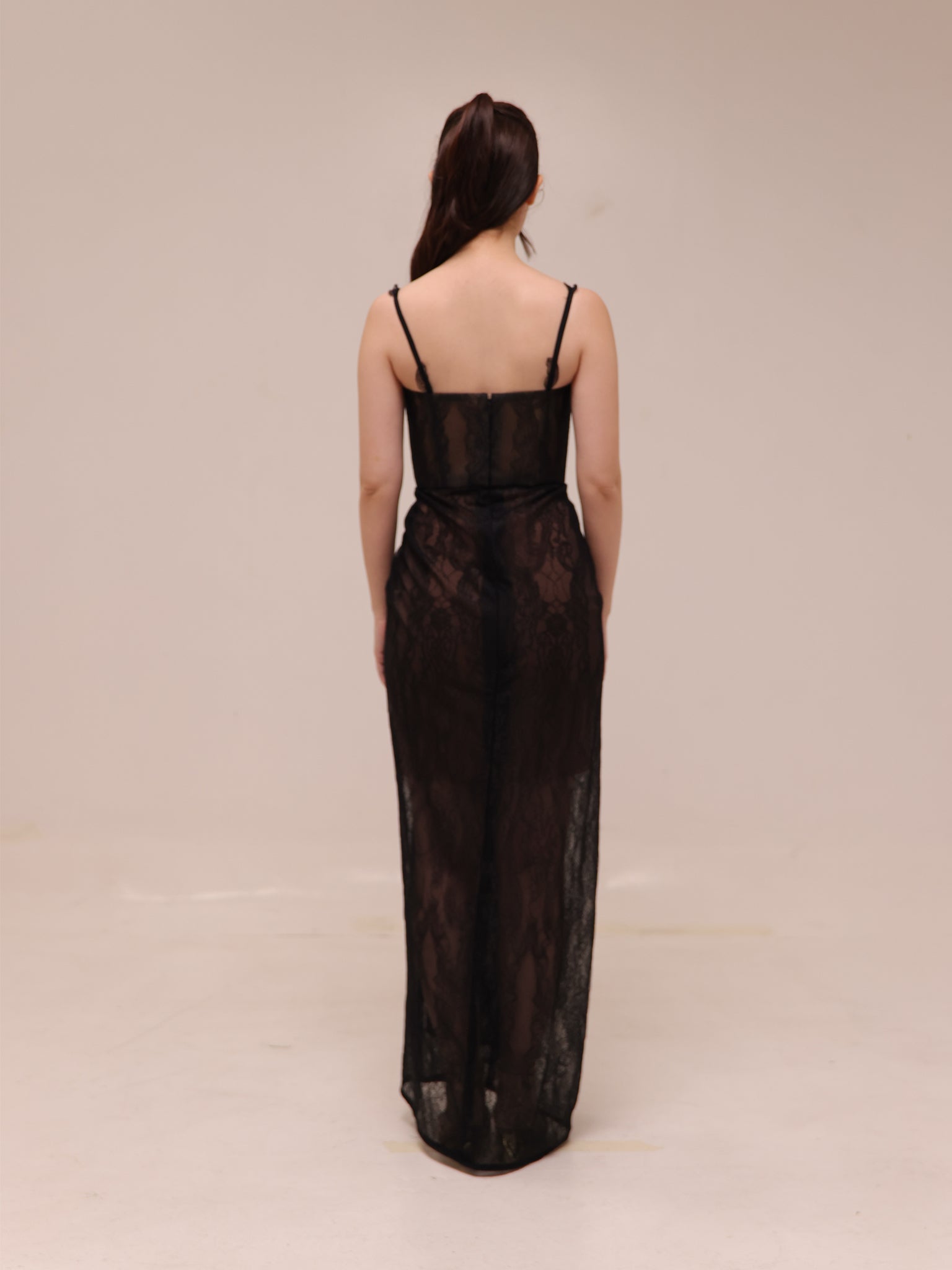 Sheer Lace Draped Maxi Dress