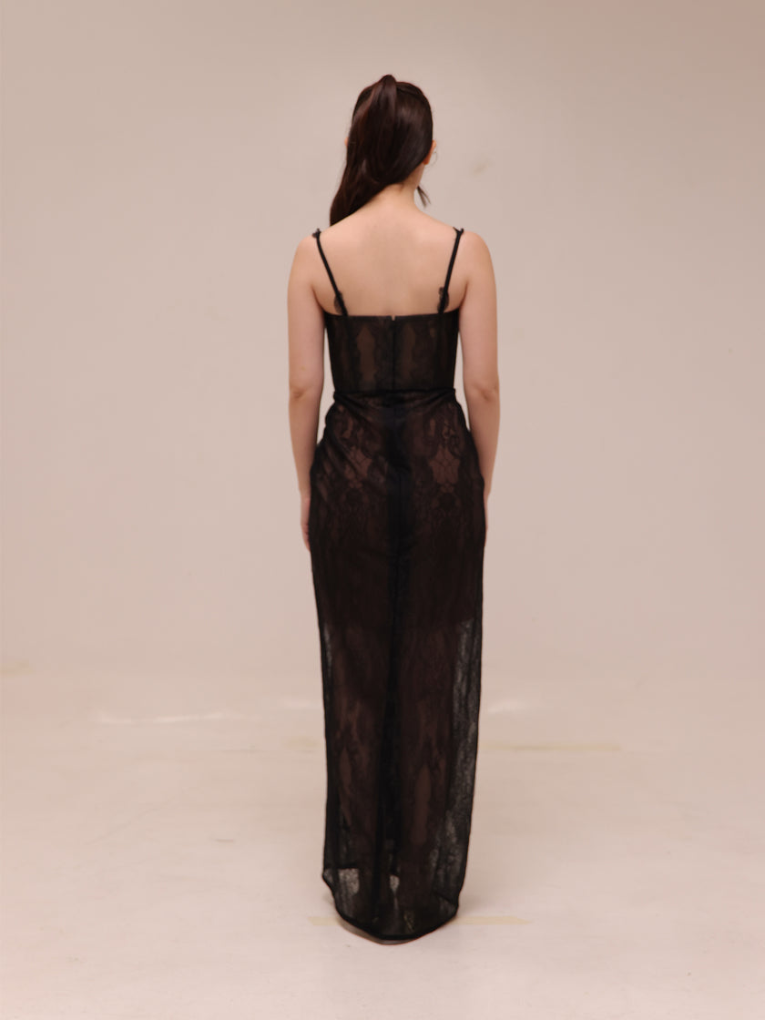 Sheer Lace Draped Maxi Dress