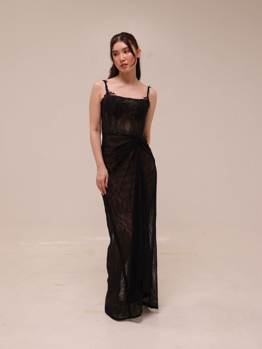 Sheer Lace Draped Maxi Dress