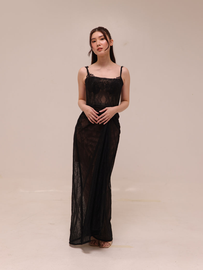 Sheer Lace Draped Maxi Dress
