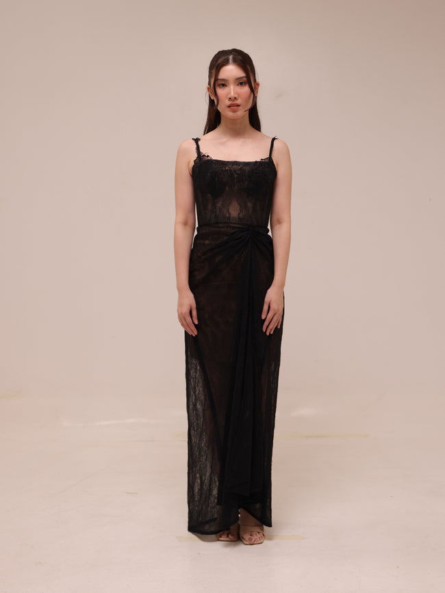Sheer Lace Draped Maxi Dress