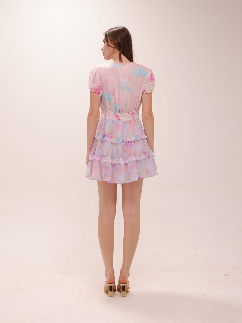 Spirea Tiered Chiffon Minidress in Sunset
