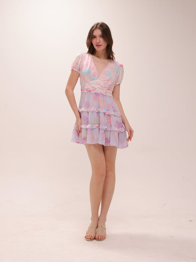 Spirea Tiered Chiffon Minidress in Sunset