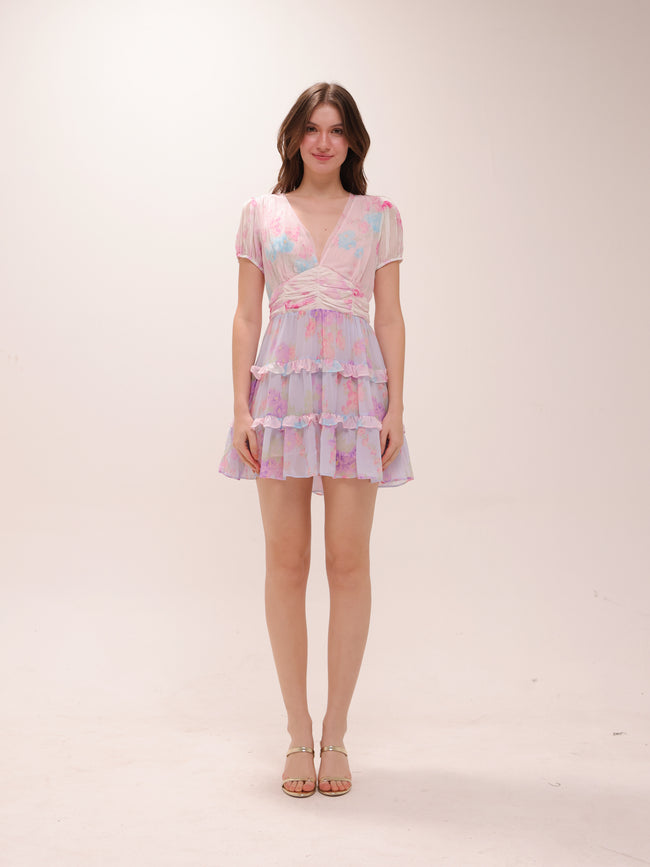 Spirea Tiered Chiffon Minidress in Sunset
