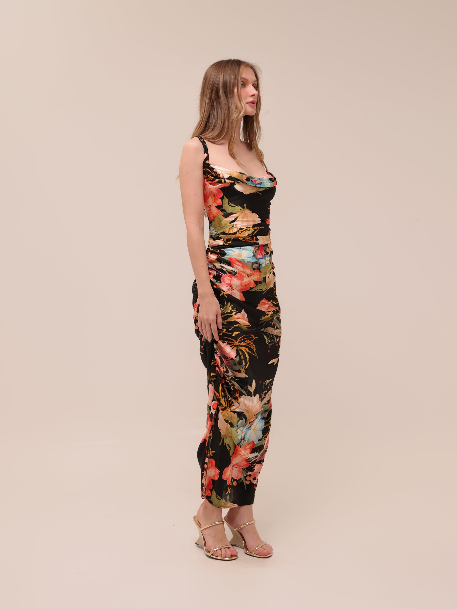 Rachel Cowl Neck Slip Dress Opulent Print in Mystic