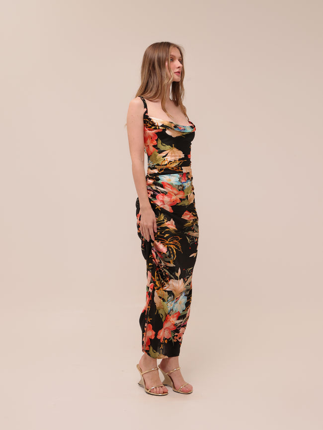 Rachel Cowl Neck Slip Dress Opulent Print in Mystic