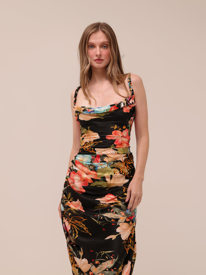 Rachel Cowl Neck Slip Dress Opulent Print in Mystic