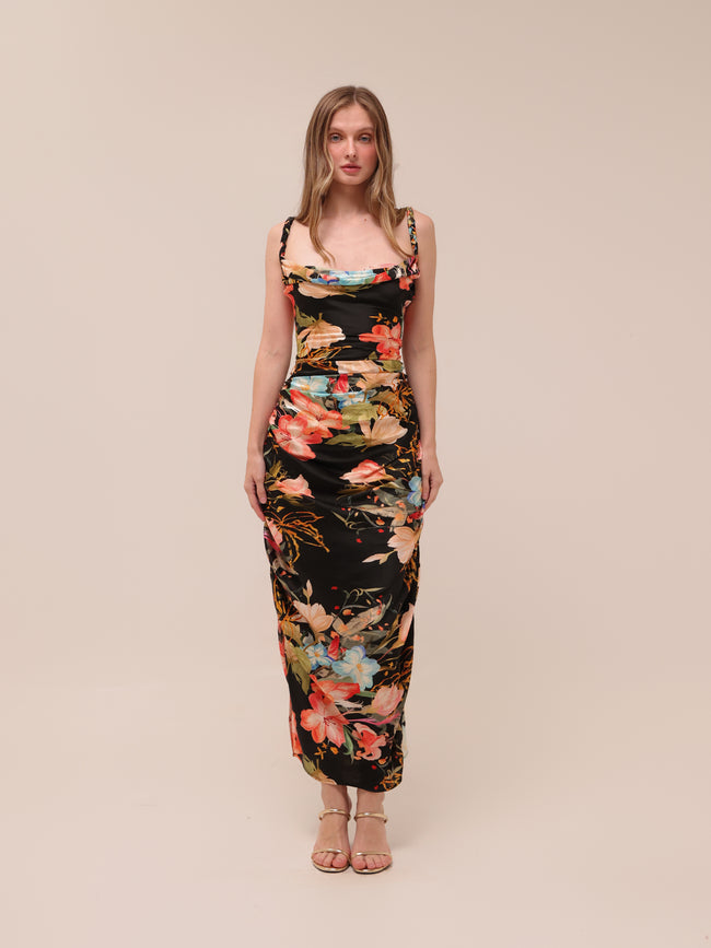 Rachel Cowl Neck Slip Dress Opulent Print in Mystic