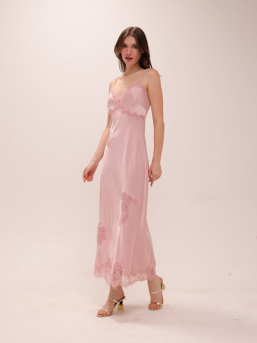 Sorone Satin Lace Maxi Slip Dress