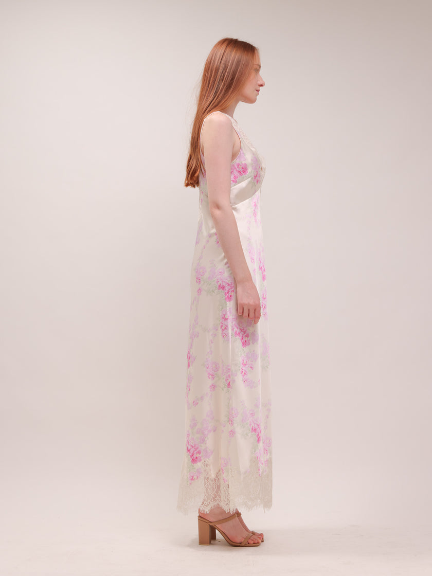 Serene Satin Lace-Trimmed Maxi Dress