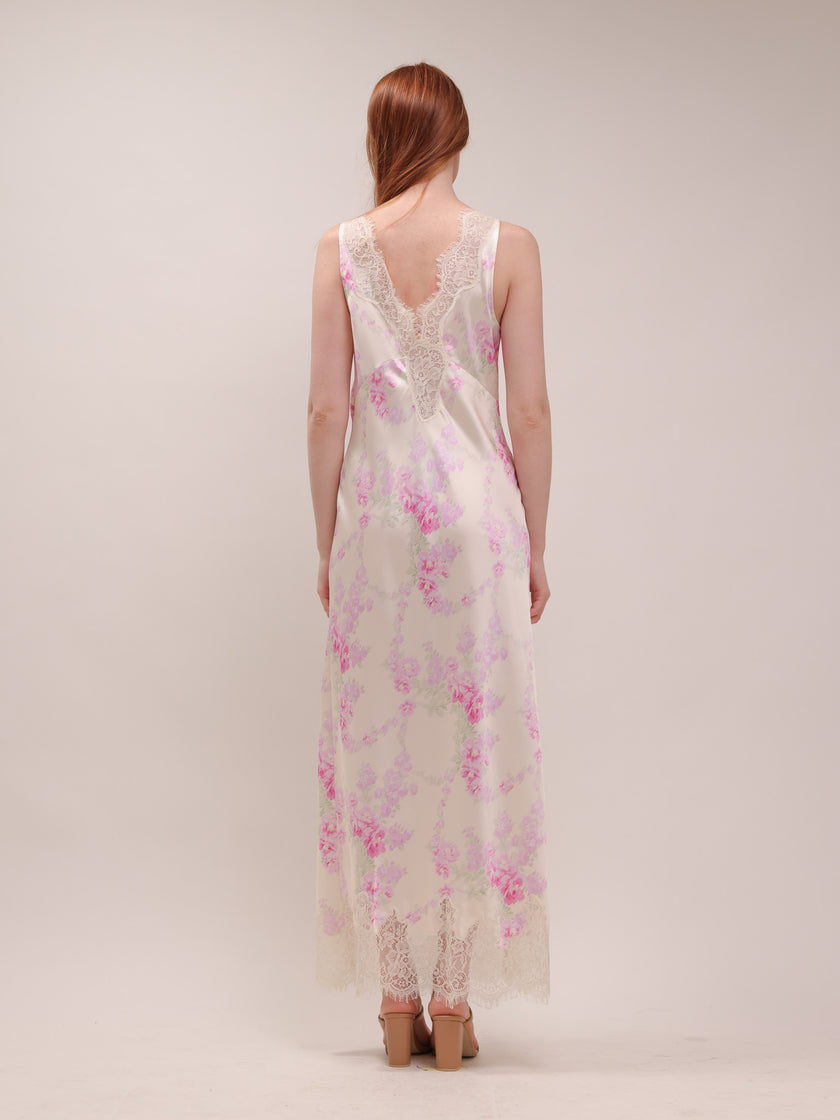 Serene Satin Lace-Trimmed Maxi Dress