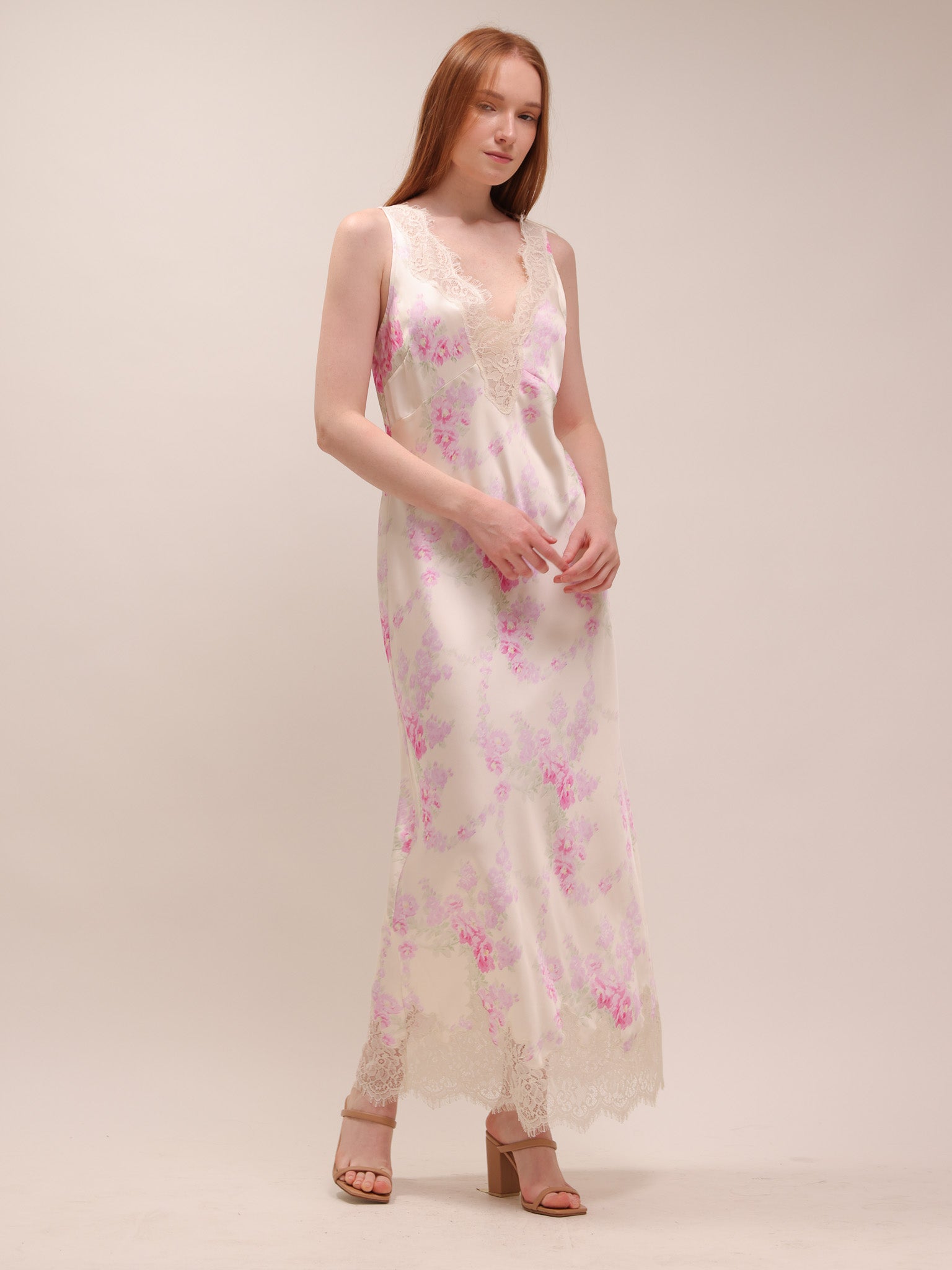 Serene Satin Lace-Trimmed Maxi Dress