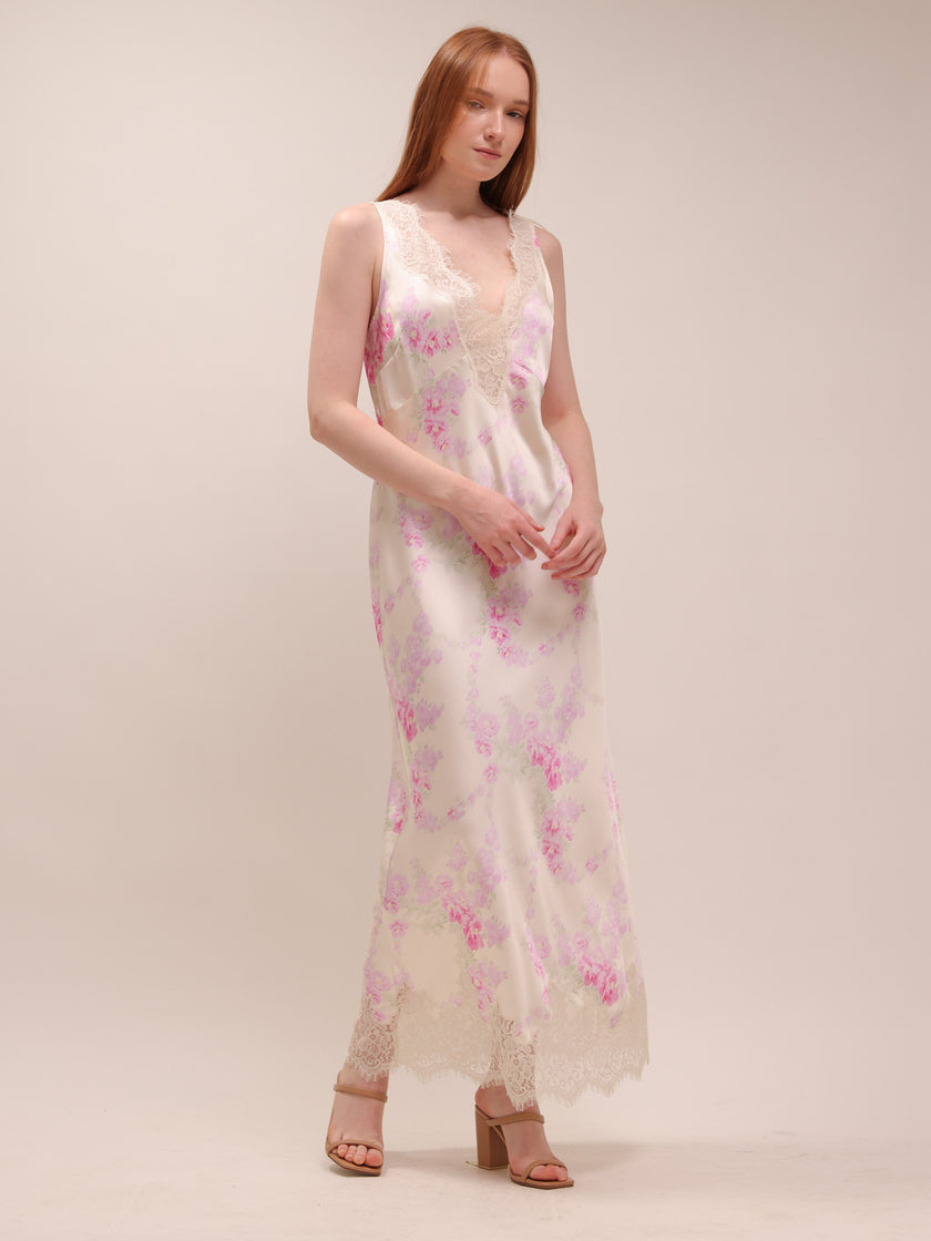 Serene Satin Lace-Trimmed Maxi Dress