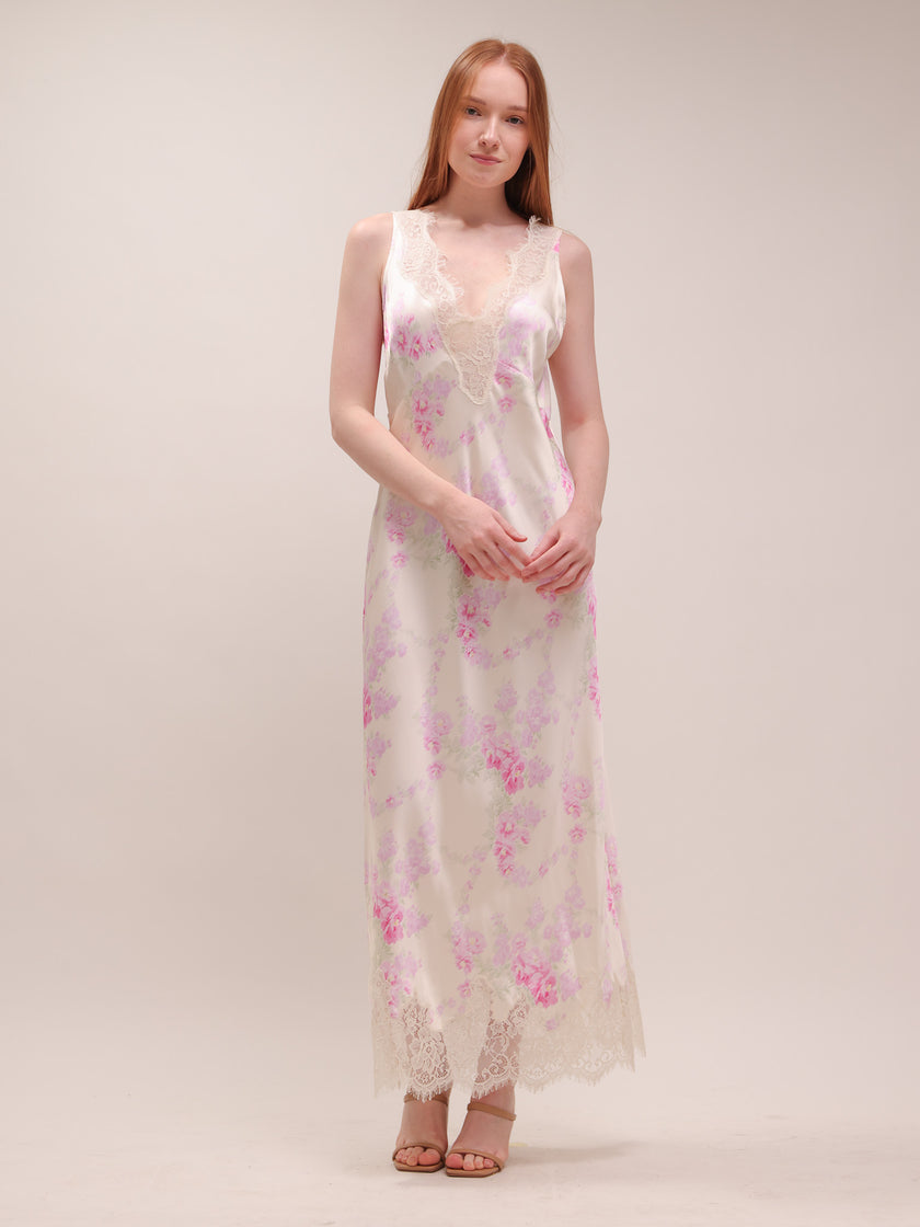 Serene Satin Lace-Trimmed Maxi Dress