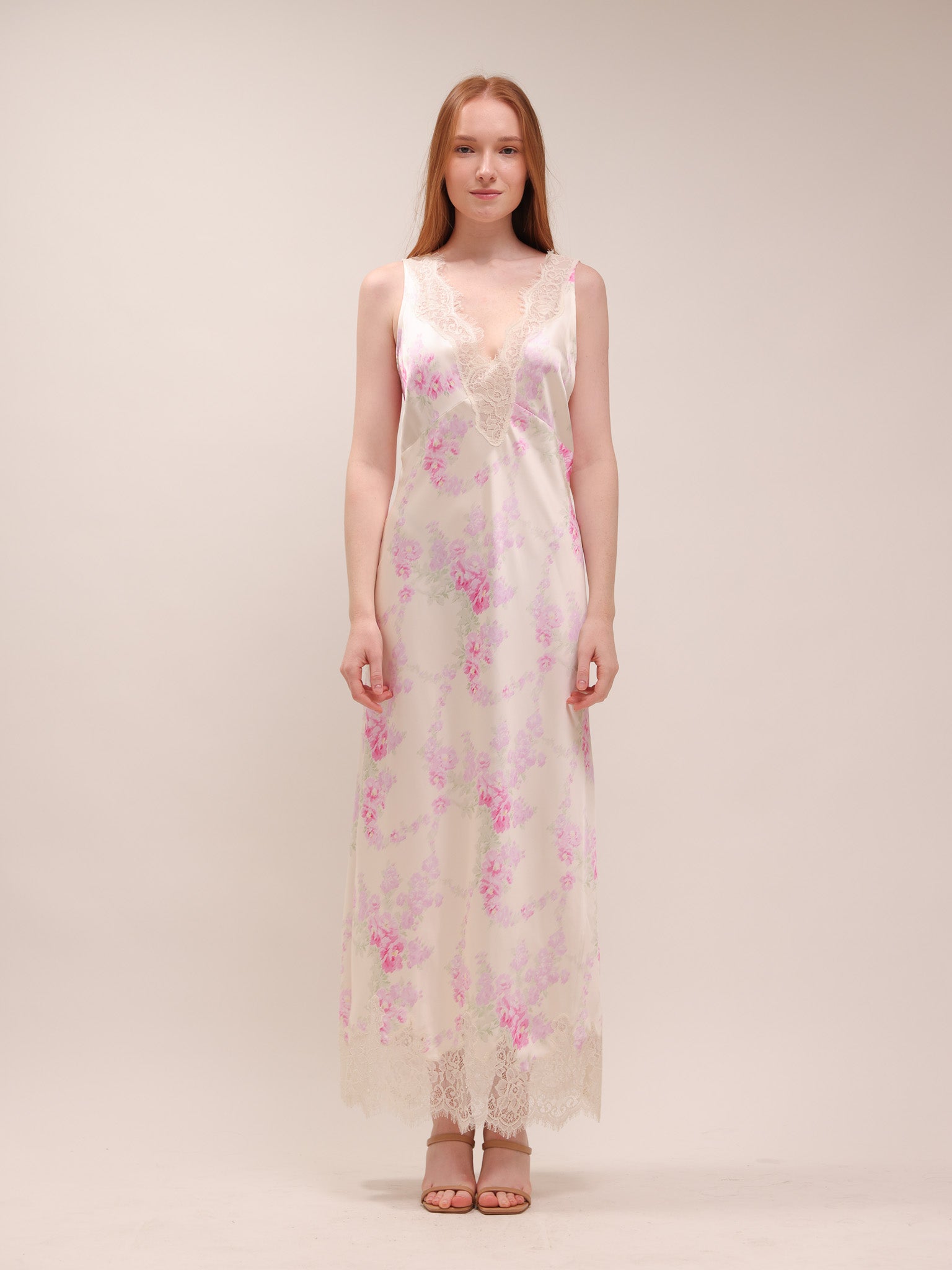 Serene Satin Lace-Trimmed Maxi Dress