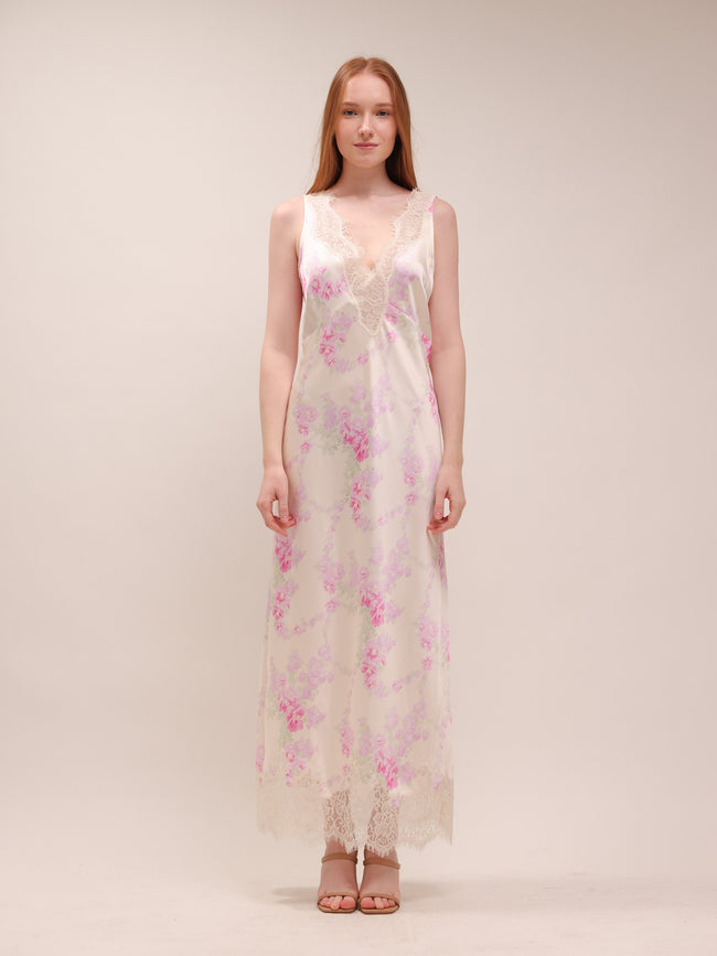 Serene Satin Lace-Trimmed Maxi Dress