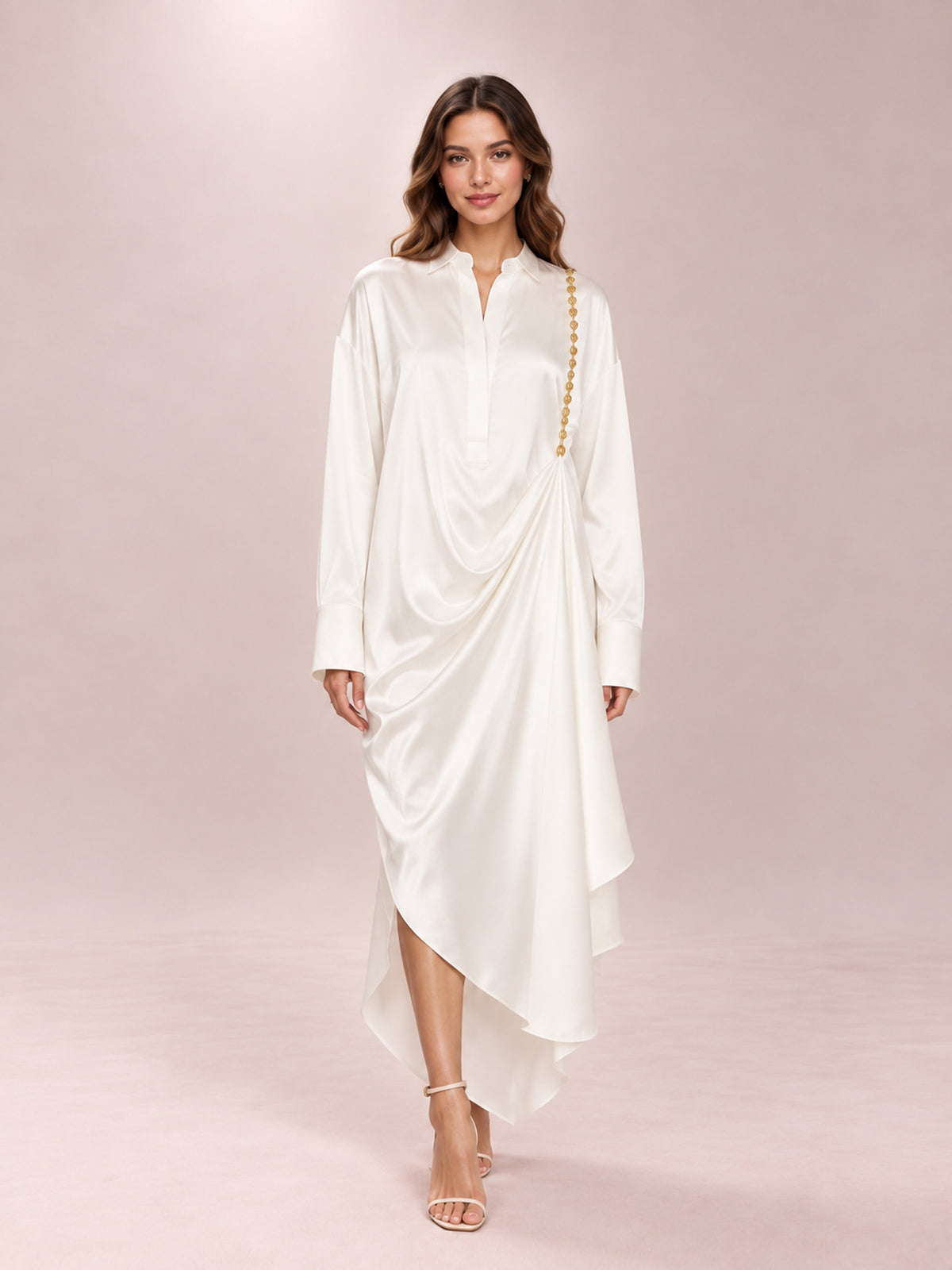 Draped Asymmetric Chain-Embellished Silk-Satin Shirt Dress