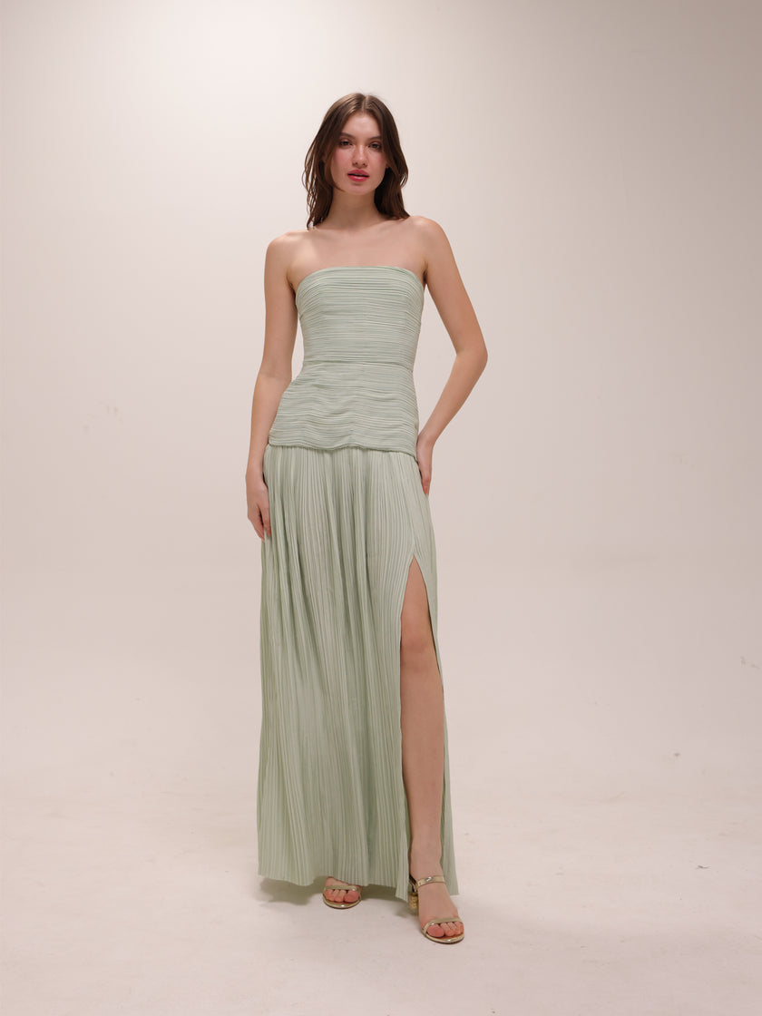 Royal Pleated Strapless Maxi Dress