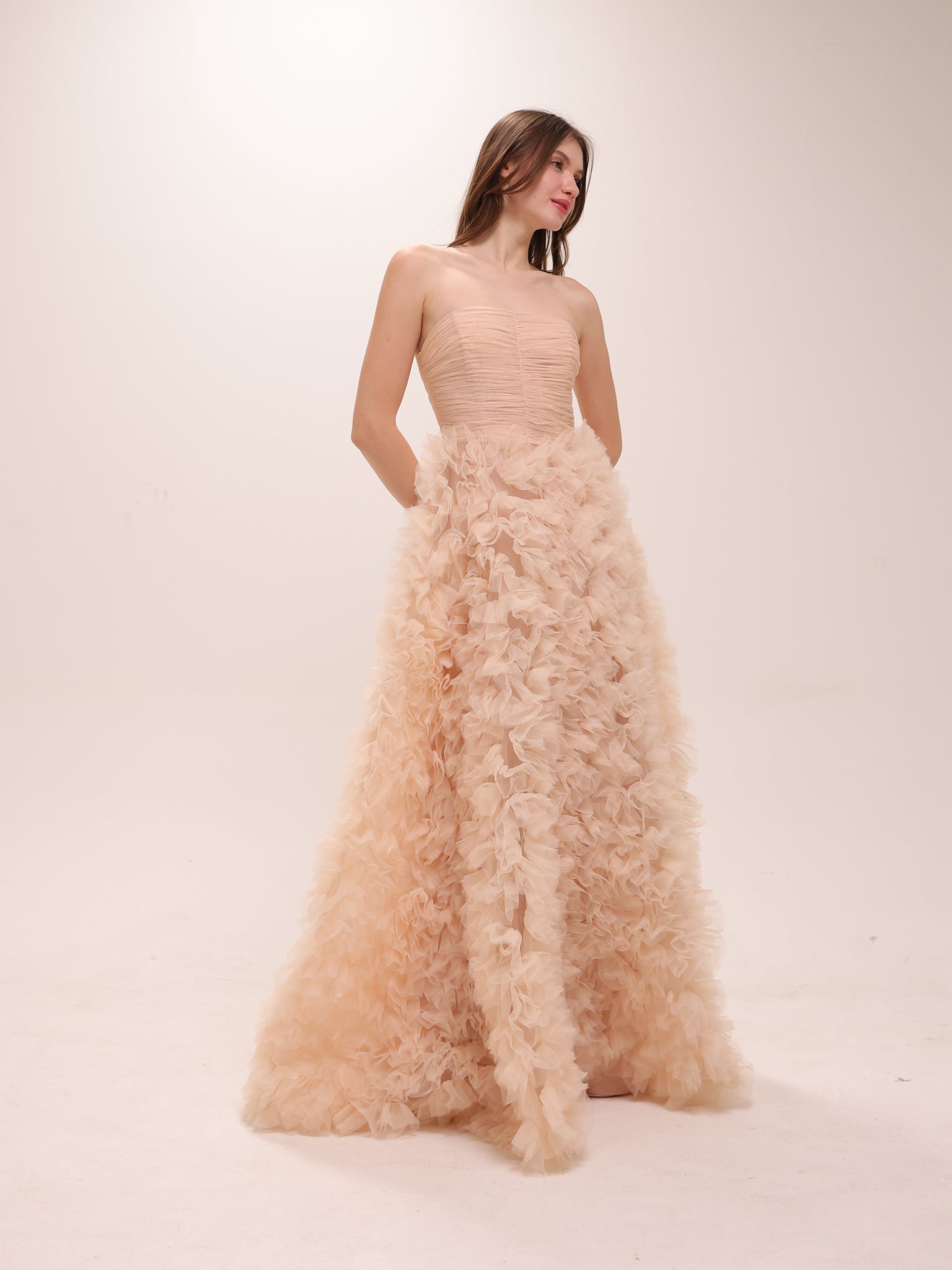 Strapless Ruffled Tulle Gown