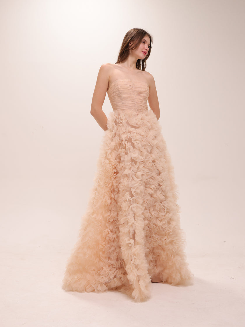 Strapless Ruffled Tulle Gown
