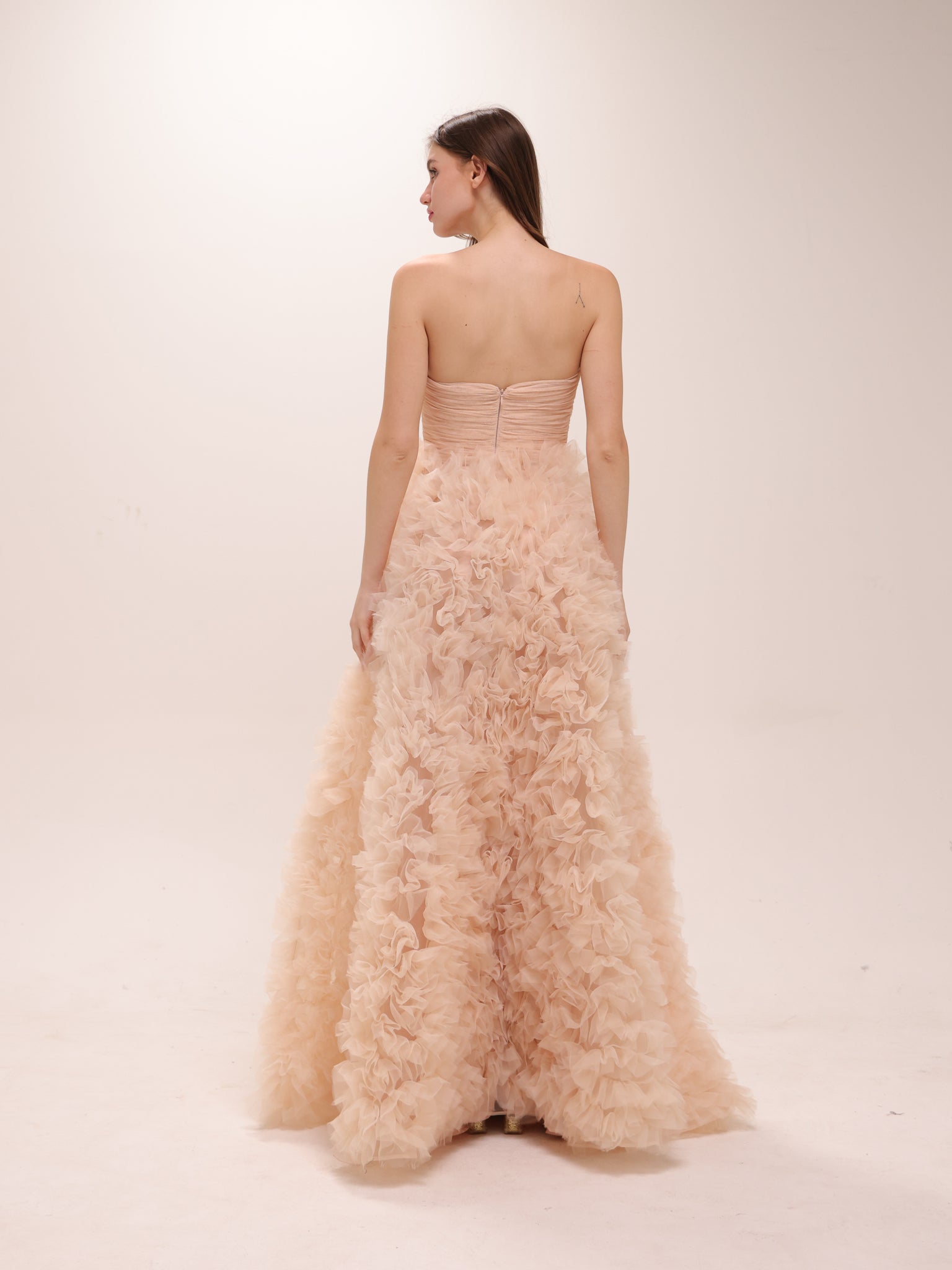Strapless Ruffled Tulle Gown