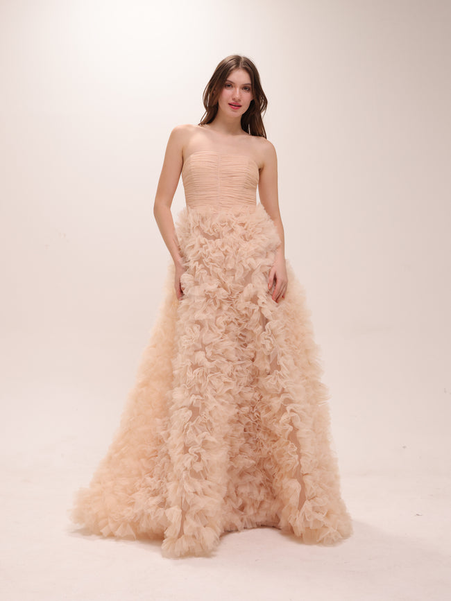 Strapless Ruffled Tulle Gown