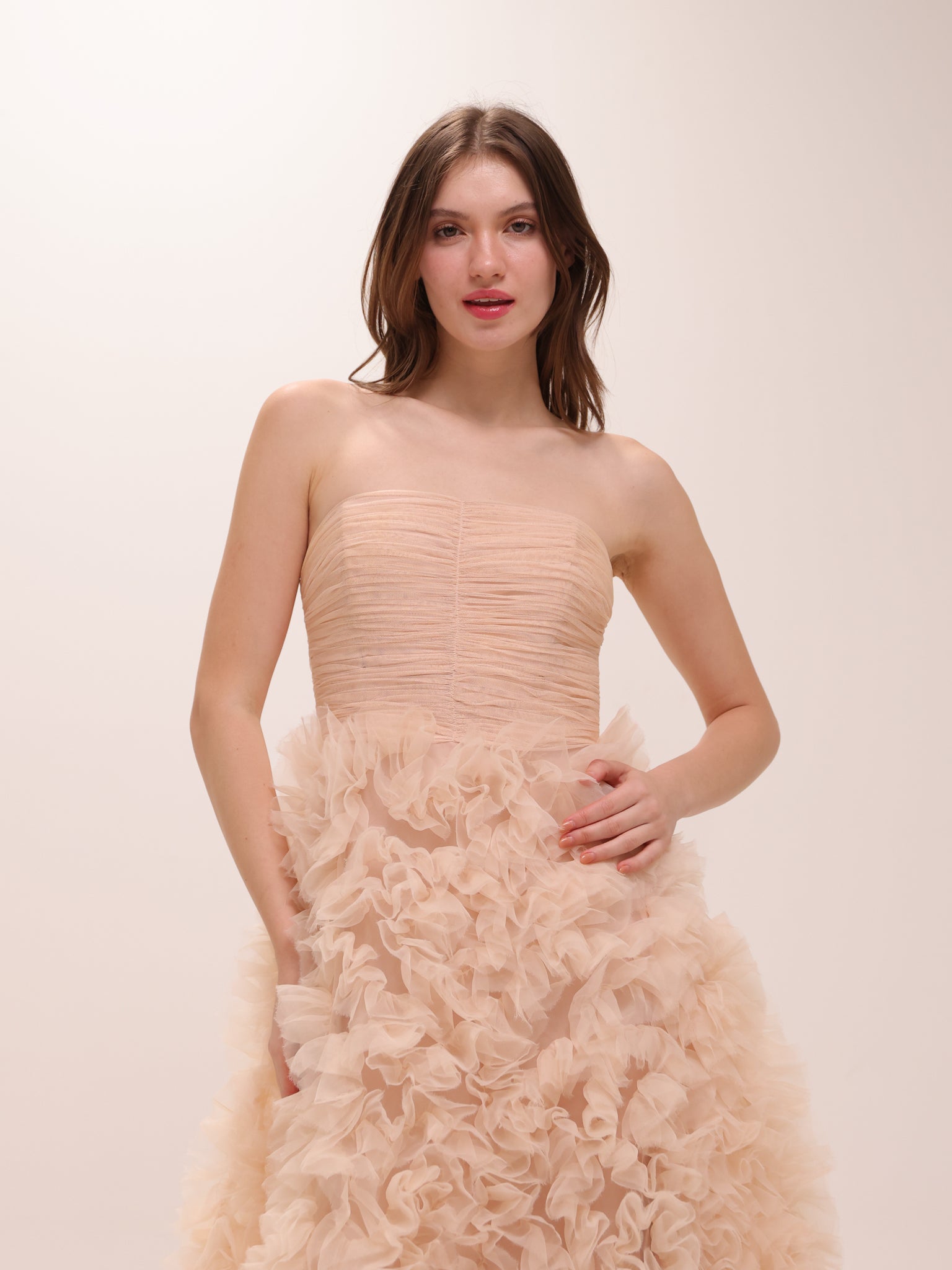 Strapless Ruffled Tulle Gown