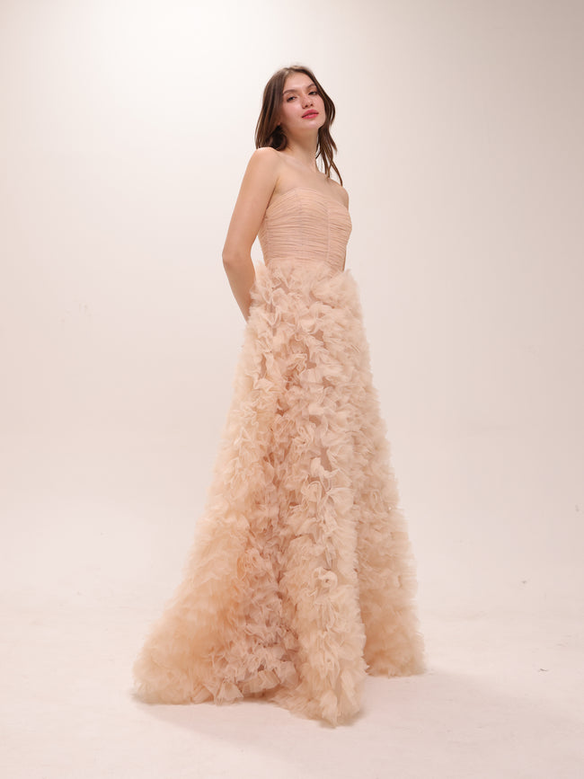 Strapless Ruffled Tulle Gown