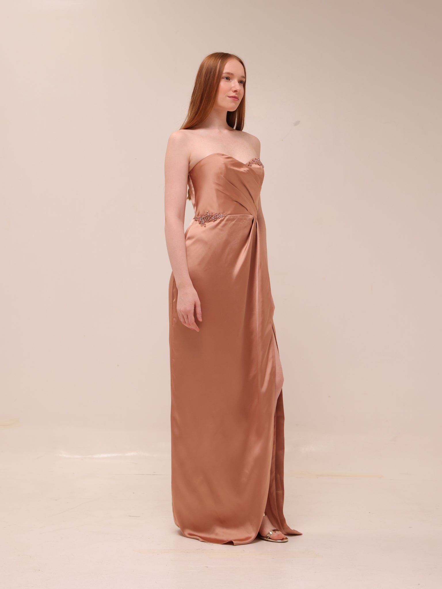 Satin Embellished Strapless Gown